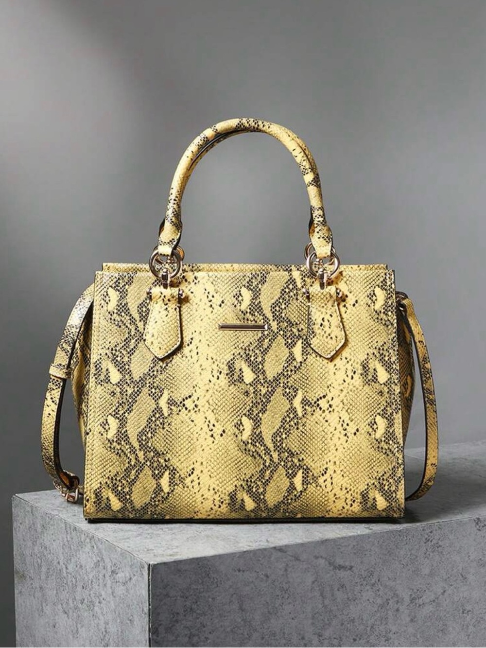 Yellow Snake-Print Tote Bag with Gold Hardware